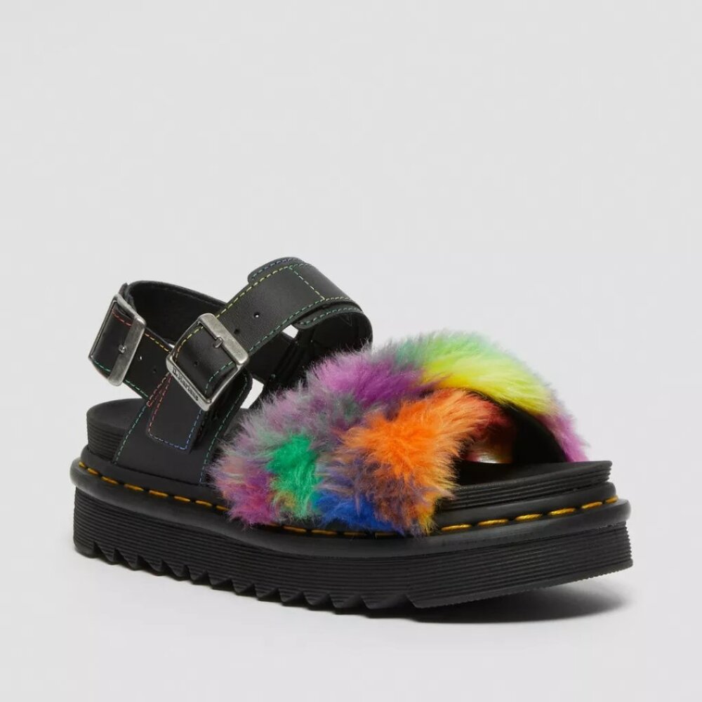 Dr. Martens Voss II Fluffy Faux Fur Sandals Pride Rainbowcore Maximalist Utility